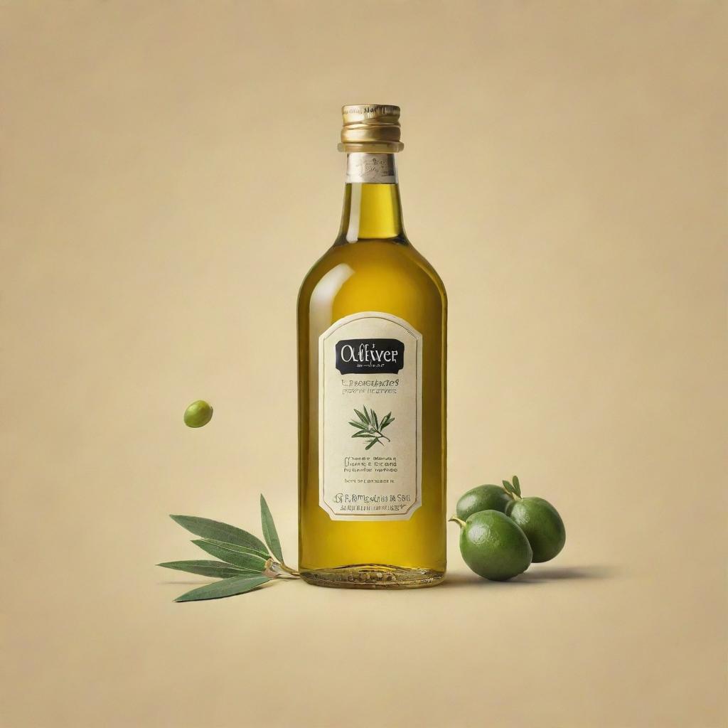 An advertisement for 'Oliver Huile', meticulously designed with traditional Arabic typography and elements. Balance aesthetics between Arabic culture, the essence of olive oil, and a modern advertising touch.