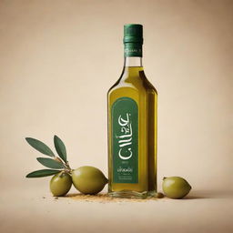 An advertisement for 'Oliver Huile', meticulously designed with traditional Arabic typography and elements. Balance aesthetics between Arabic culture, the essence of olive oil, and a modern advertising touch.