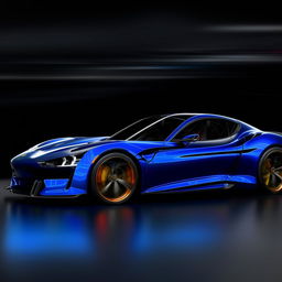 Glossy blue and black sports car with dynamic speed lines, and a large, elegant 'S' scripted on the side.