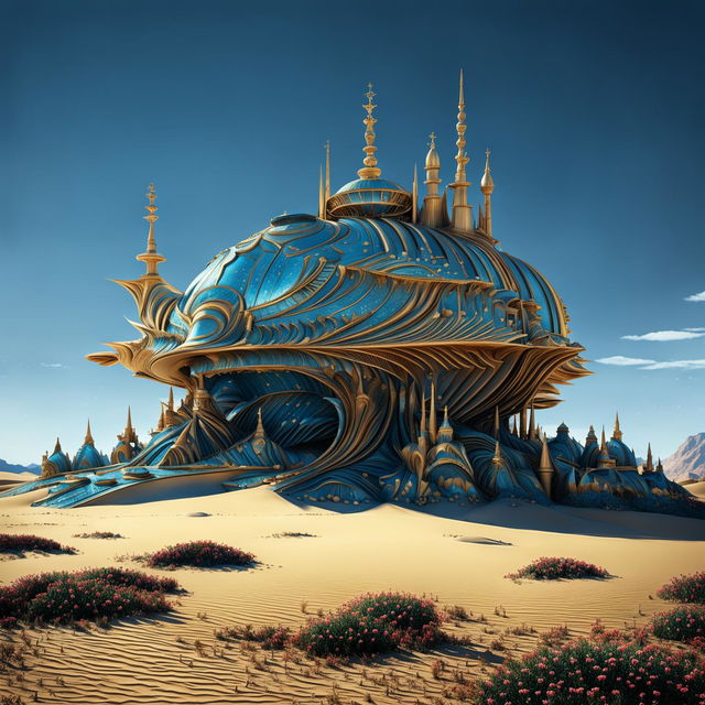 Hyper-realistic 3D photograph of an opulent rococo-style alien spacecraft with Egyptian design elements in a vast desert landscape. Vibrant colours and high-definition details create a surreal yet realistic image with strong fantasy vibes.