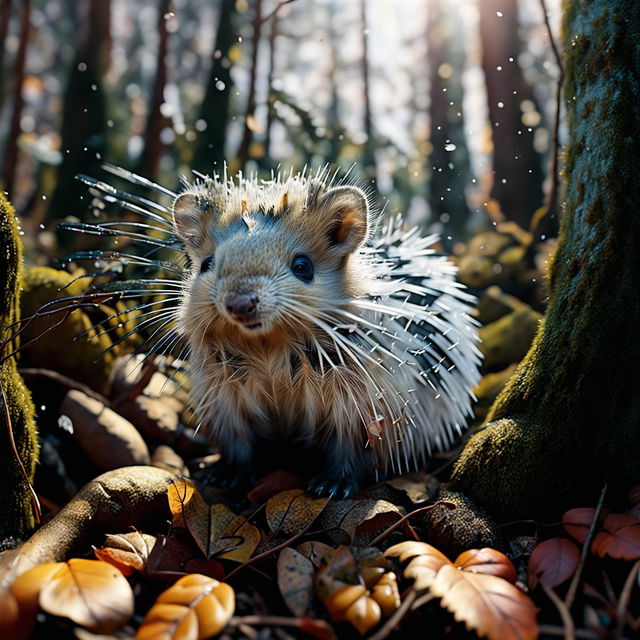 A porcupine in a forest setting, its body covered in sharp quills that catch the sunlight.