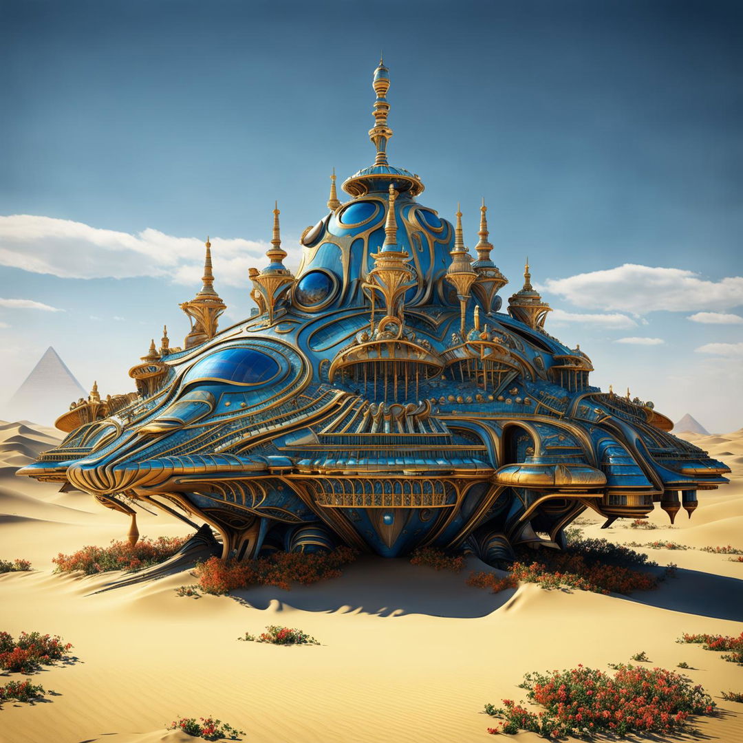 Hyper-realistic 3D photograph of an opulent rococo-style alien spacecraft with Egyptian design elements in a vast desert landscape, with the pyramids in the background. The vibrant colours and high-definition details create a surreal yet realistic image with strong fantasy vibes.