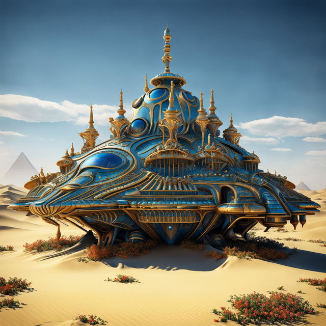 Hyper-realistic 3D photograph of an opulent rococo-style alien spacecraft with Egyptian design elements in a vast desert landscape, with the pyramids in the background. The vibrant colours and high-definition details create a surreal yet realistic image with strong fantasy vibes.