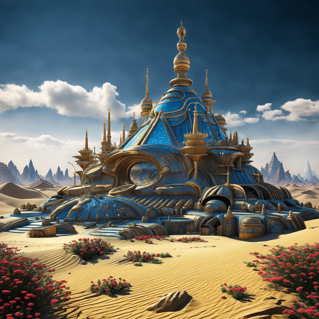 Hyper-realistic 3D photograph of an opulent rococo-style alien spacecraft with Egyptian design elements in a vast desert landscape, with the pyramids in the background. The vibrant colours and high-definition details create a surreal yet realistic image with strong fantasy vibes.