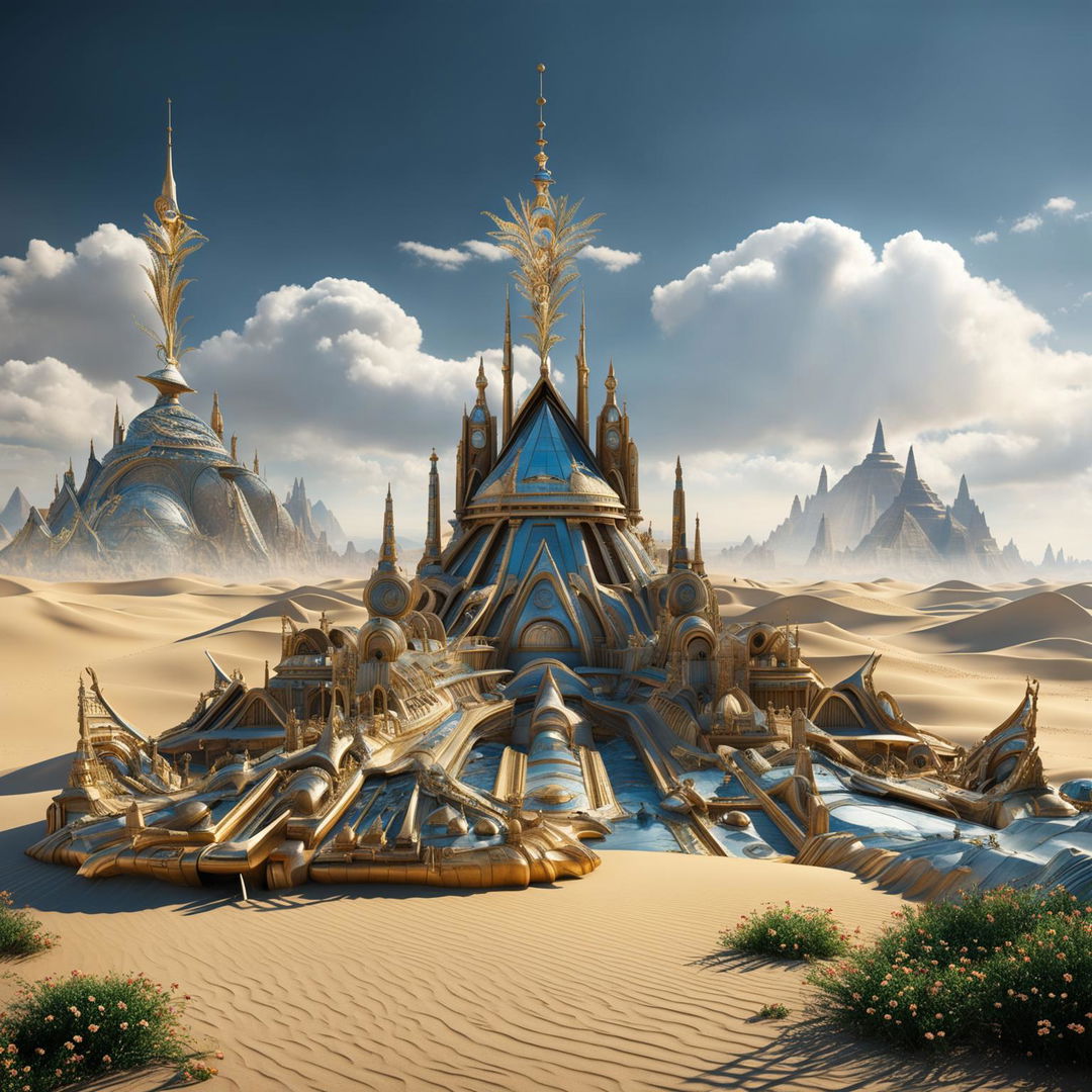 Hyper-realistic 3D photograph of an opulent rococo-style alien spacecraft with Egyptian design elements in a vast desert landscape, with the pyramids in the background. The vibrant colours and high-definition details create a surreal yet realistic image with strong fantasy vibes.