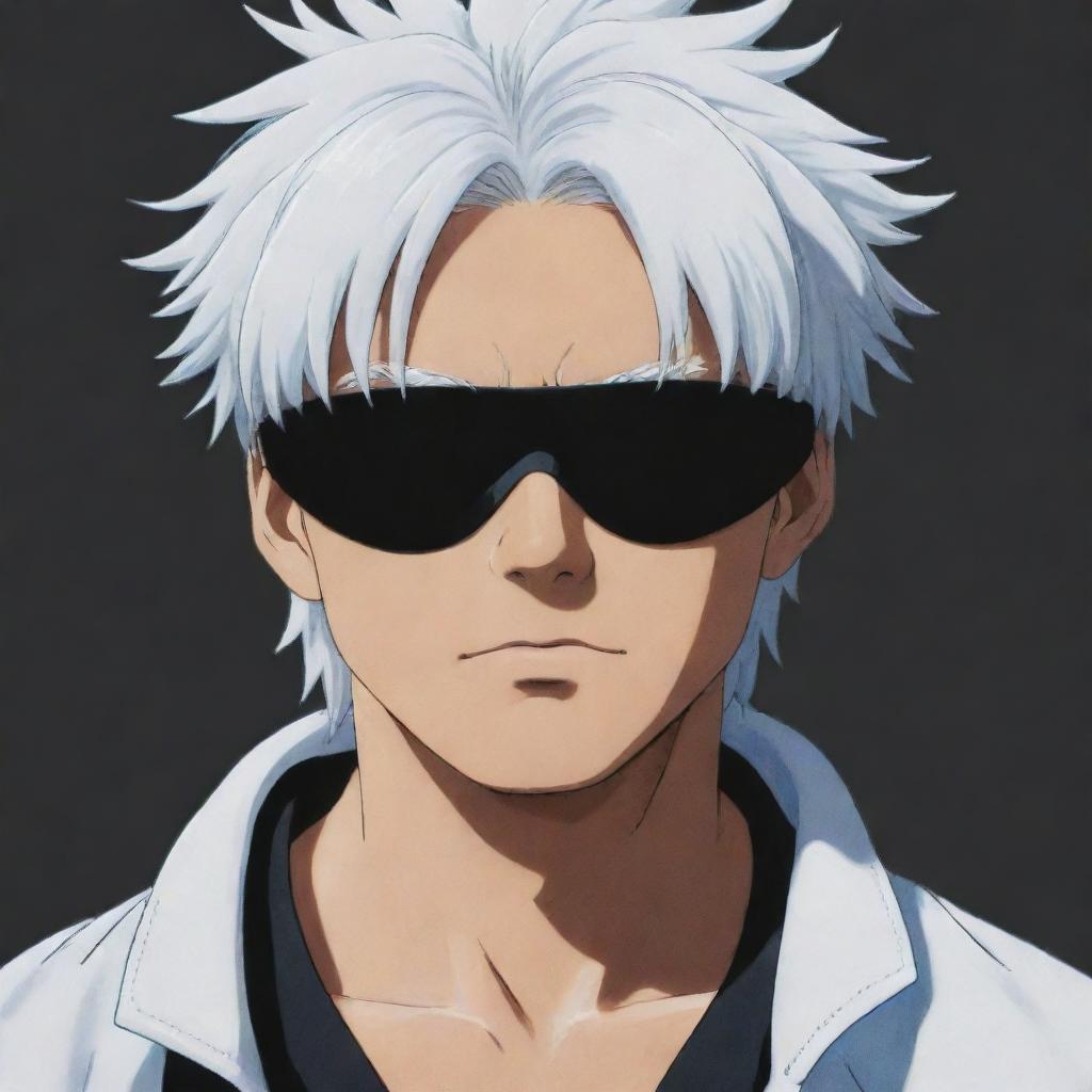 Gojo Satoru, a character from Jujutsu Kaisen, with his signature white hair and blindfold, exuding his typical cool, fearless aura.