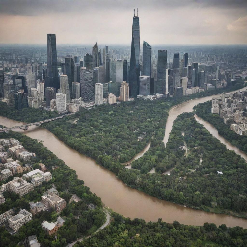 A sprawling cityscape brimming with towering skyscrapers, nestled in an expansive forest and cut through by a winding river, viewed from a far horizontal level.