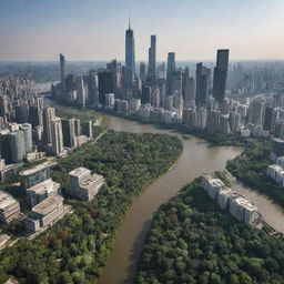 A sprawling cityscape brimming with towering skyscrapers, nestled in an expansive forest and cut through by a winding river, viewed from a far horizontal level.