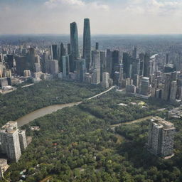 A sprawling cityscape brimming with towering skyscrapers, nestled in an expansive forest and cut through by a winding river, viewed from a far horizontal level.