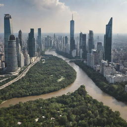 A sprawling cityscape brimming with towering skyscrapers, nestled in an expansive forest and cut through by a winding river, viewed from a far horizontal level.