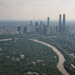 A distant panoramic view of a city dominated by skyscrapers, surrounded by a lush forest and bisected by a river, captured from a human eye-level perspective, miles away from the city.