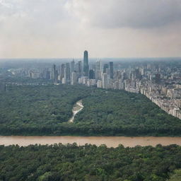 A distant panoramic view of a city dominated by skyscrapers, surrounded by a lush forest and bisected by a river, captured from a human eye-level perspective, miles away from the city.