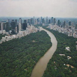 A distant panoramic view of a city dominated by skyscrapers, surrounded by a lush forest and bisected by a river, captured from a human eye-level perspective, miles away from the city.