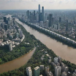 A distant panoramic view of a city dominated by skyscrapers, surrounded by a lush forest and bisected by a river, captured from a human eye-level perspective, miles away from the city.