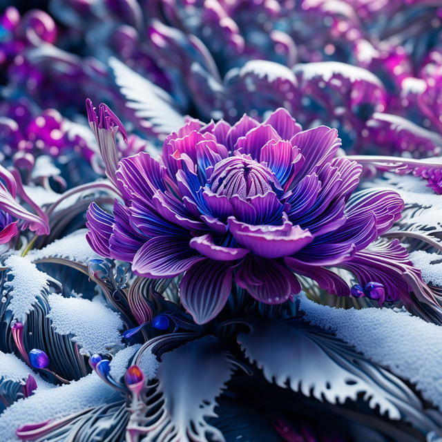 Cinematic, hyper-realistic 3D Rococo photography of a beautiful winter alien flower. The vibrant colours and intricate designs of the flower contrast against the snow aesthetic, captured in high definition close-up.