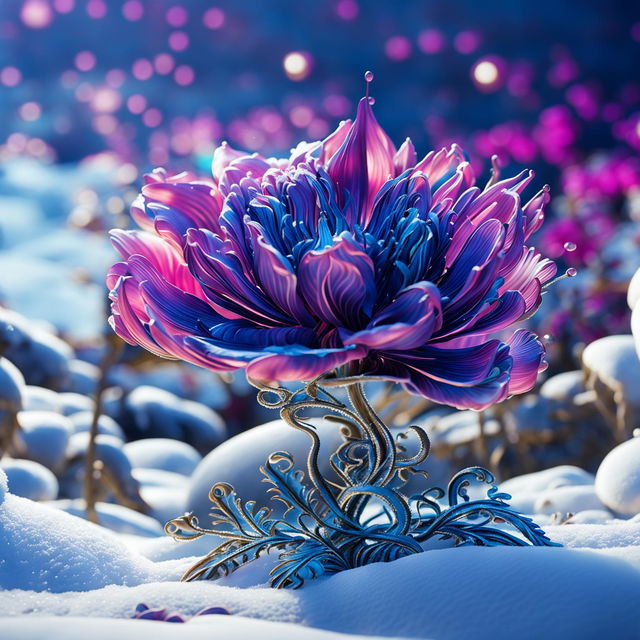 Cinematic 3D Rococo photography of a vibrant, alien flower in a beautiful winter landscape. The high-definition close-up captures the intricate designs and colours of the flower against the snow aesthetic.