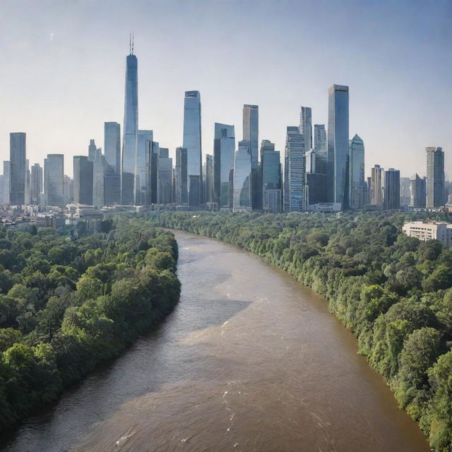 An expansive landscape image of a cityscape filled with skyscrapers, enveloped by a forest and a flowing river, captured from a sea-level perspective, miles apart from the city.