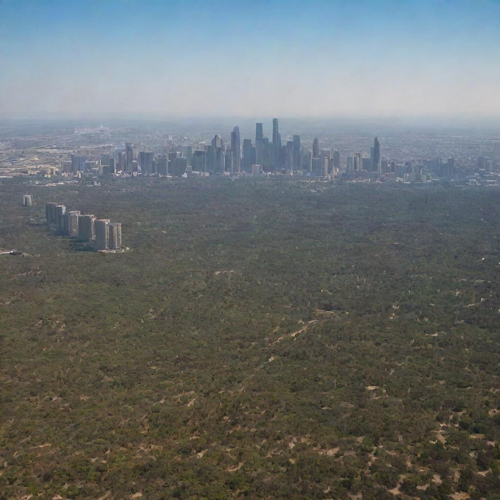 A sprawling landscape view of a city of towering skyscrapers, encircled by a forest and a small desert, taken from a sea-level perspective, about 30 miles away from the city.