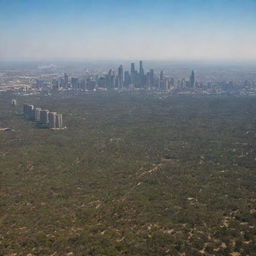 A sprawling landscape view of a city of towering skyscrapers, encircled by a forest and a small desert, taken from a sea-level perspective, about 30 miles away from the city.