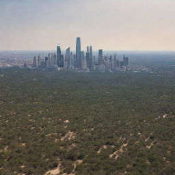 A sprawling landscape view of a city of towering skyscrapers, encircled by a forest and a small desert, taken from a sea-level perspective, about 30 miles away from the city.