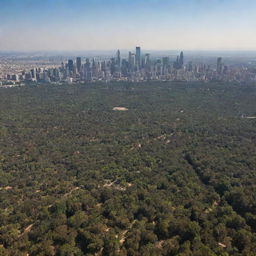 A sprawling landscape view of a city of towering skyscrapers, encircled by a forest and a small desert, taken from a sea-level perspective, about 30 miles away from the city.