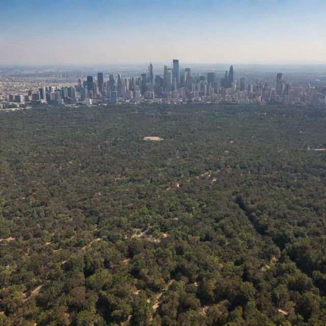 A sprawling landscape view of a city of towering skyscrapers, encircled by a forest and a small desert, taken from a sea-level perspective, about 30 miles away from the city.