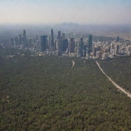 A sprawling landscape view of a city of towering skyscrapers, encircled by a forest and a small desert, taken from a sea-level perspective, about 30 miles away from the city.