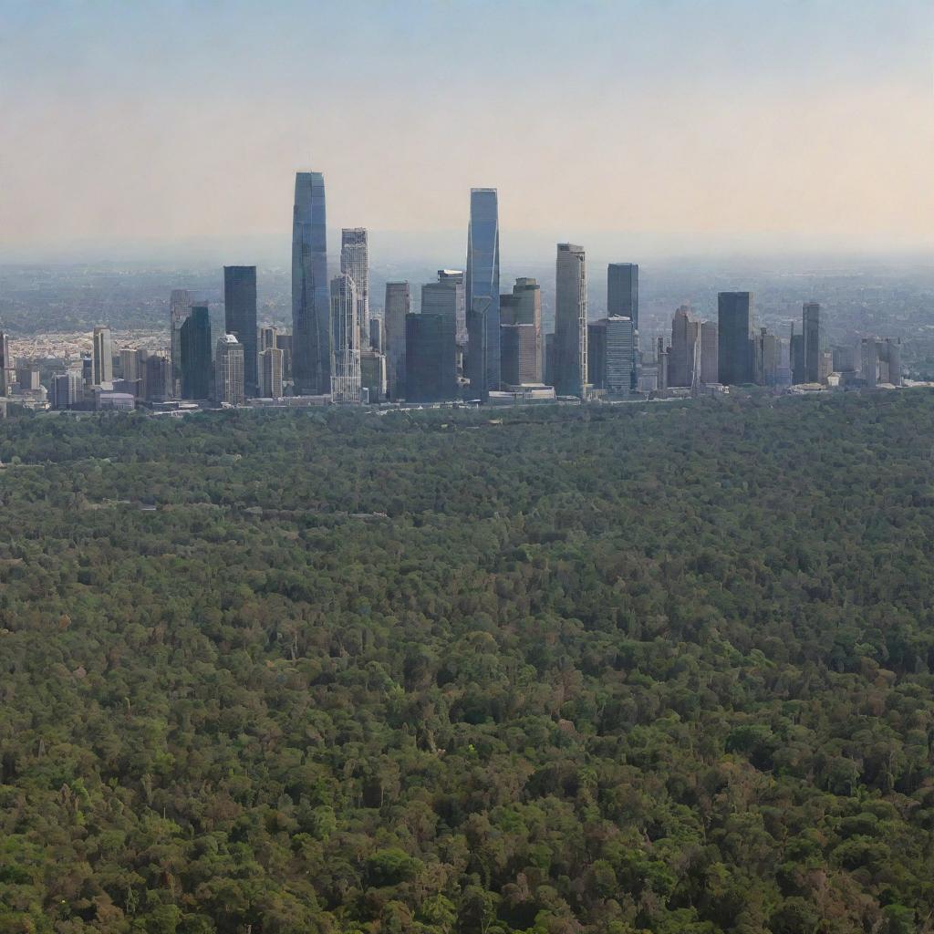 Landscape view of a skyscraper-filled city enveloped by a lush forest and a petite desert, from a sea-level perspective, approximately 12 miles distant from the city.