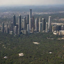 Landscape view of a skyscraper-filled city enveloped by a lush forest and a petite desert, from a sea-level perspective, approximately 12 miles distant from the city.