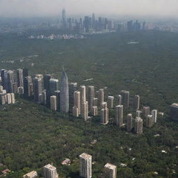 Landscape view of a skyscraper-filled city enveloped by a lush forest and a petite desert, from a sea-level perspective, approximately 12 miles distant from the city.