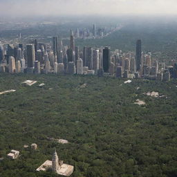 Landscape view of a skyscraper-filled city enveloped by a lush forest and a petite desert, from a sea-level perspective, approximately 12 miles distant from the city.