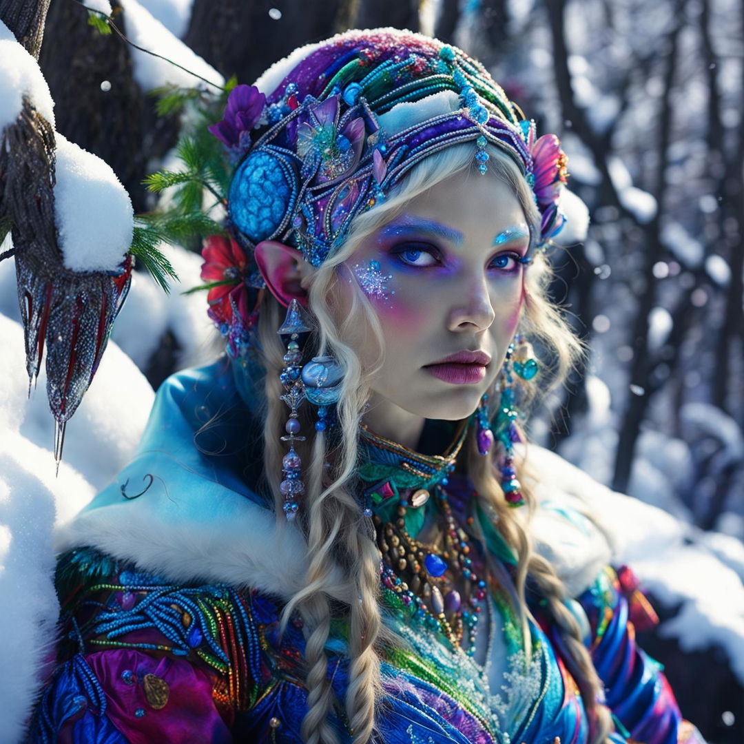 A hyper-realistic 3D photograph of an Inuit-inspired Rococo snow elf in a vibrant, snow-covered forest. The image is a close-up, capturing every detail in high definition and exuding a sense of fantasy and enchantment.