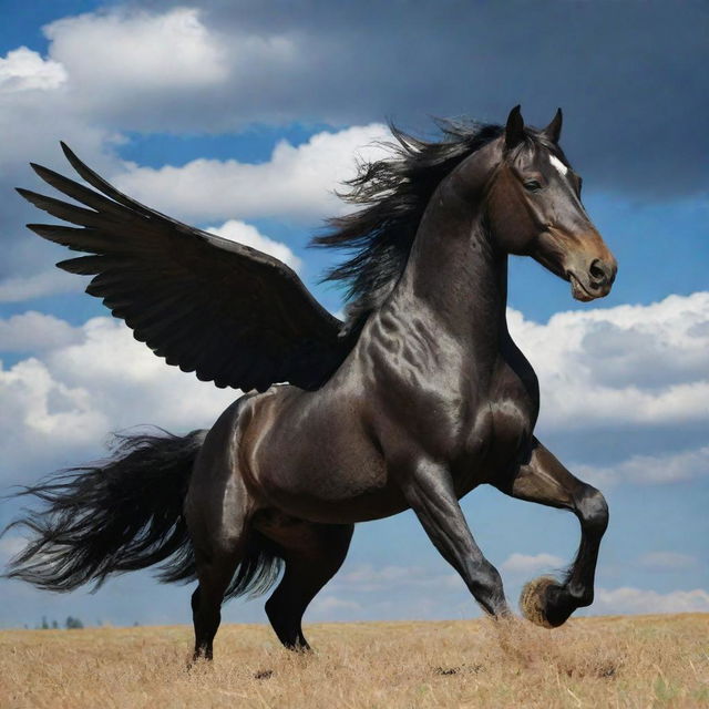 A majestic black horse with powerful, expansive wings unfurled against the sky.