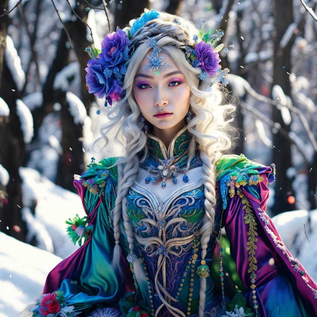 A hyper-realistic 3D photograph of an Asian-inspired Rococo snow elf in a vibrant, snow-covered forest. The image is a close-up, capturing every detail in high definition and exuding a sense of fantasy and enchantment.