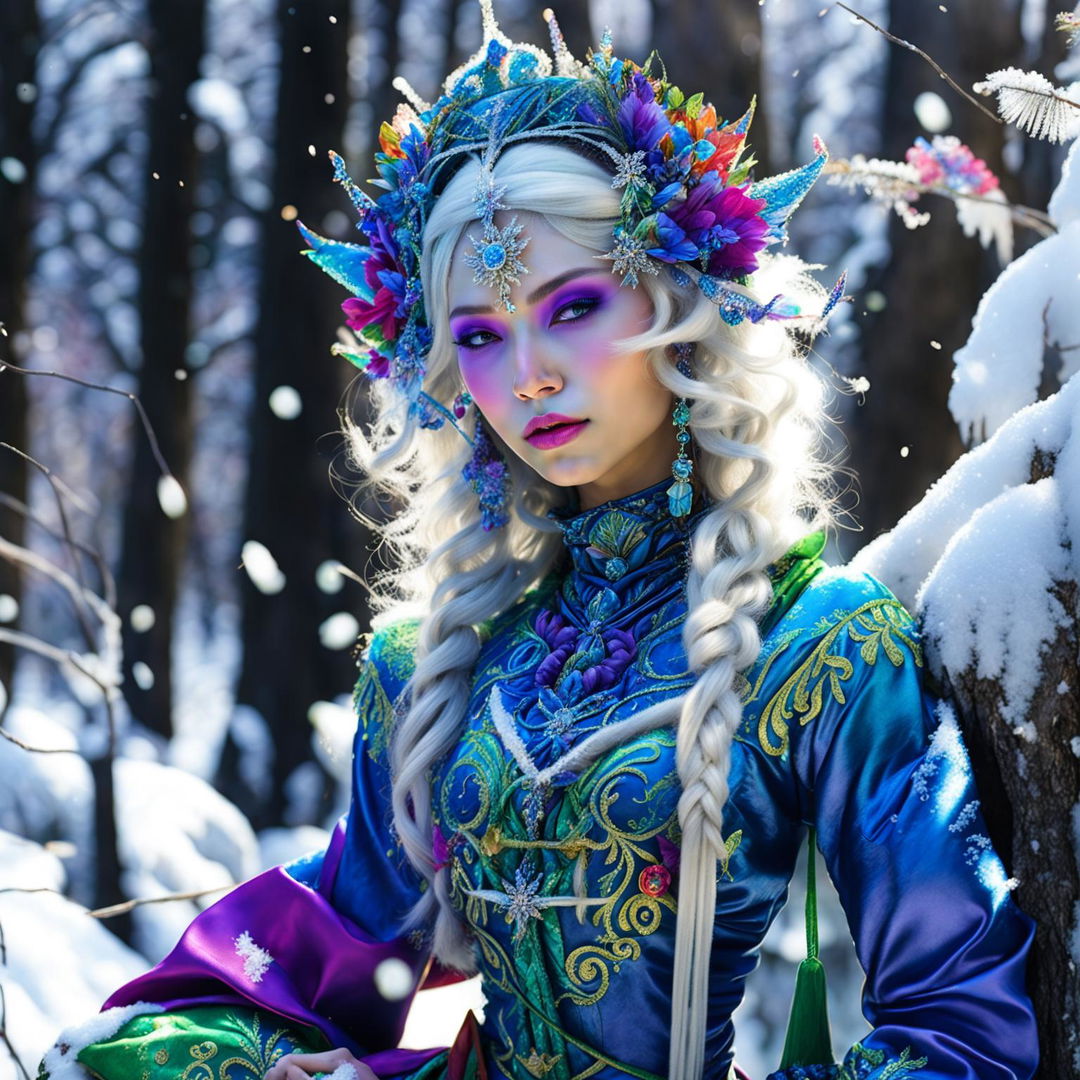 A hyper-realistic 3D photograph of an Asian-inspired Rococo snow elf in a vibrant, snow-covered forest. The image is a close-up, capturing every detail in high definition and exuding a sense of fantasy and enchantment.