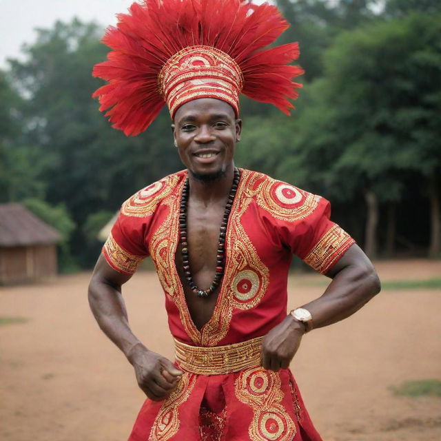 A traditional Igbo male dancer clad in vibrant Igbo attire, spinning gracefully while the soft light plays upon the reflective beads that adorn the costume.