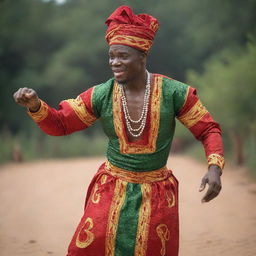 A traditional Igbo male dancer clad in vibrant Igbo attire, spinning gracefully while the soft light plays upon the reflective beads that adorn the costume.