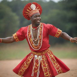 A traditional Igbo male dancer clad in vibrant Igbo attire, spinning gracefully while the soft light plays upon the reflective beads that adorn the costume.