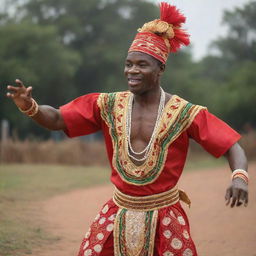 A traditional Igbo male dancer clad in vibrant Igbo attire, spinning gracefully while the soft light plays upon the reflective beads that adorn the costume.