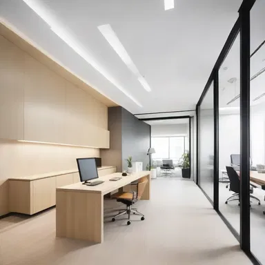 The architect designed the office space with an intentional stiffness, using clean lines, minimal decorative elements, and strict symmetry.
