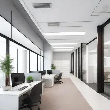 The architect designed the office space with an intentional stiffness, using clean lines, minimal decorative elements, and strict symmetry.