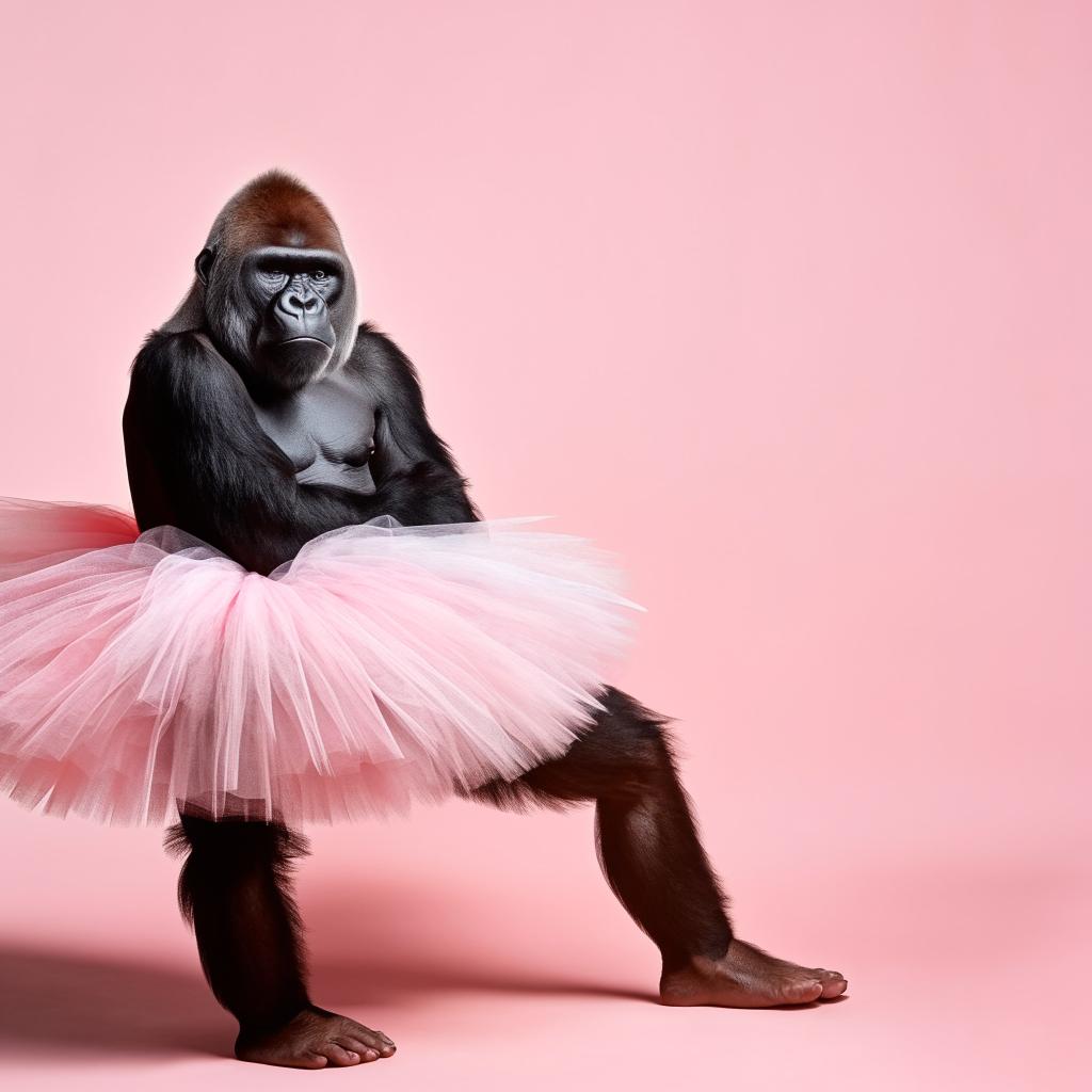 Elegant gorilla gracefully posing in a pastel pink tutu against a soft background, showcasing gentle eyes and a whimsical charm.