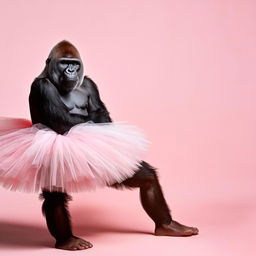 Elegant gorilla gracefully posing in a pastel pink tutu against a soft background, showcasing gentle eyes and a whimsical charm.