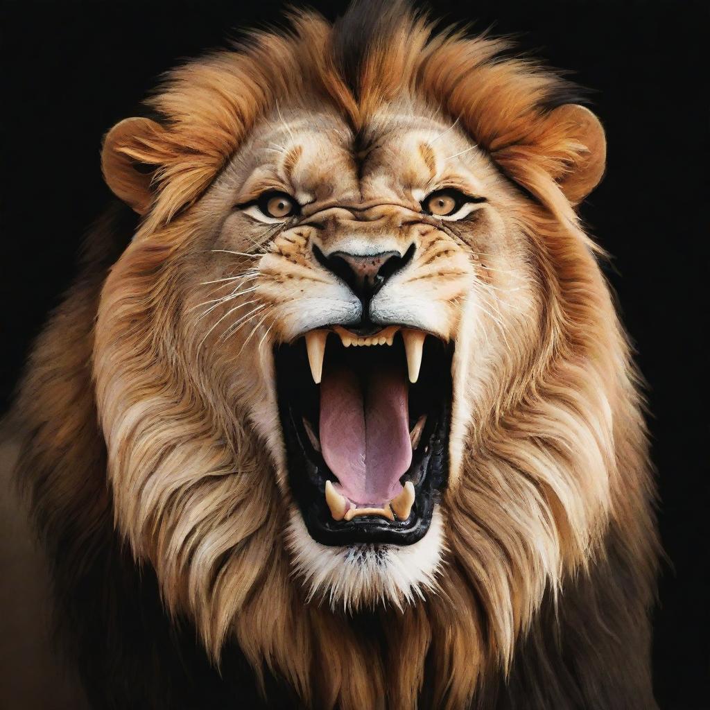 Create a detailed vector illustration of a roaring lion's head. The image should capture the powerful and majestic nature of the lion in its full roar.