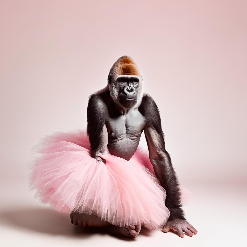 Elegant gorilla gracefully posing in a pastel pink tutu against a soft background, showcasing gentle eyes and a whimsical charm.