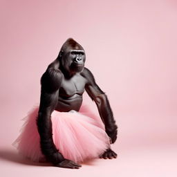 Elegant gorilla gracefully posing in a pastel pink tutu against a soft background, showcasing gentle eyes and a whimsical charm.