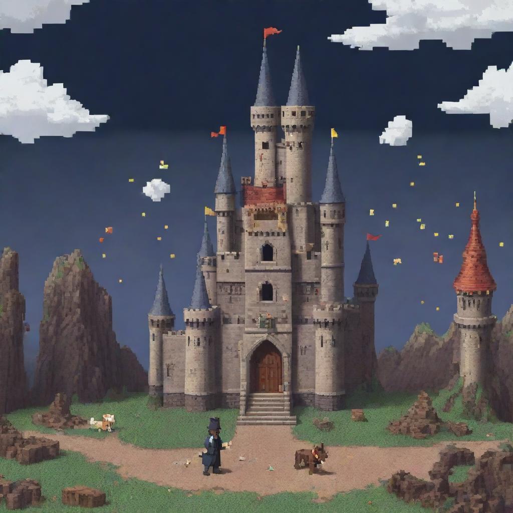 Pixel art featuring a castle, a magician, and a dog, with the castle in the midst of destruction.