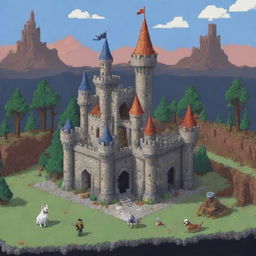 Pixel art featuring a castle, a magician, and a dog, with the castle in the midst of destruction.