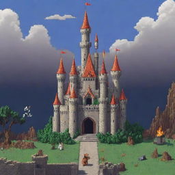 Pixel art featuring a castle, a magician, and a dog, with the castle in the midst of destruction.