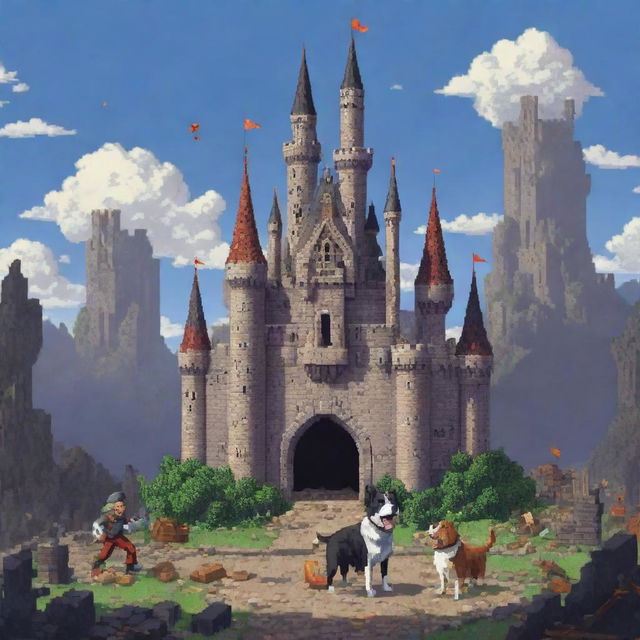 Pixel art featuring a castle, a magician, and a dog, with the castle in the midst of destruction.